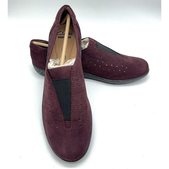 Clarks Shoes Perforated Aubergine Nubuck Leather Slip On Medora Gemma Sz 9 M - Picture 2 of 9
